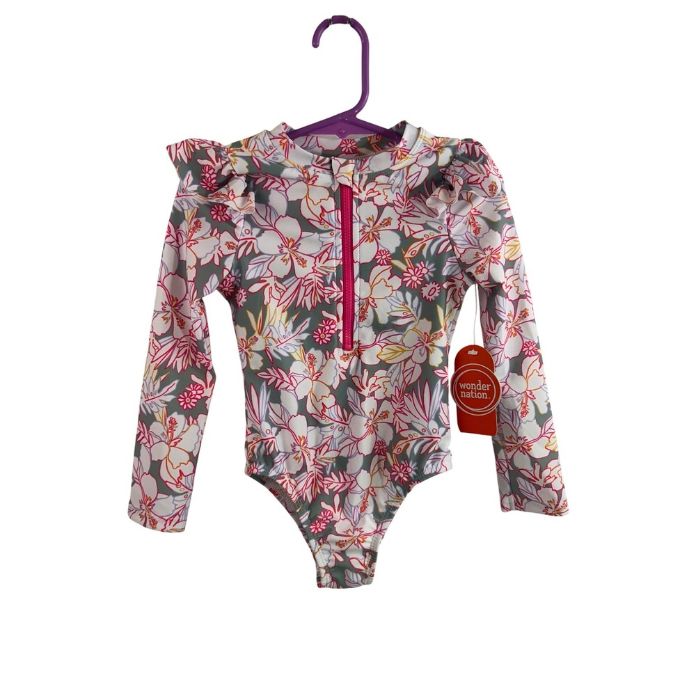 Wonder Nation Rashguard Swimsuit 3T Green Floral Ruffle Long Sleeve Girls NWT